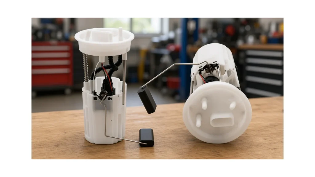 Electric fuel pump assembly on a workshop bench ready for OE matching