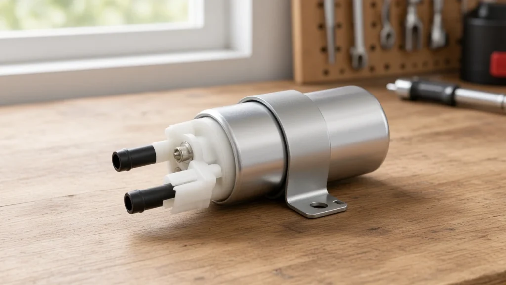 Electric inline fuel pump on a workshop bench ready for selection checks
