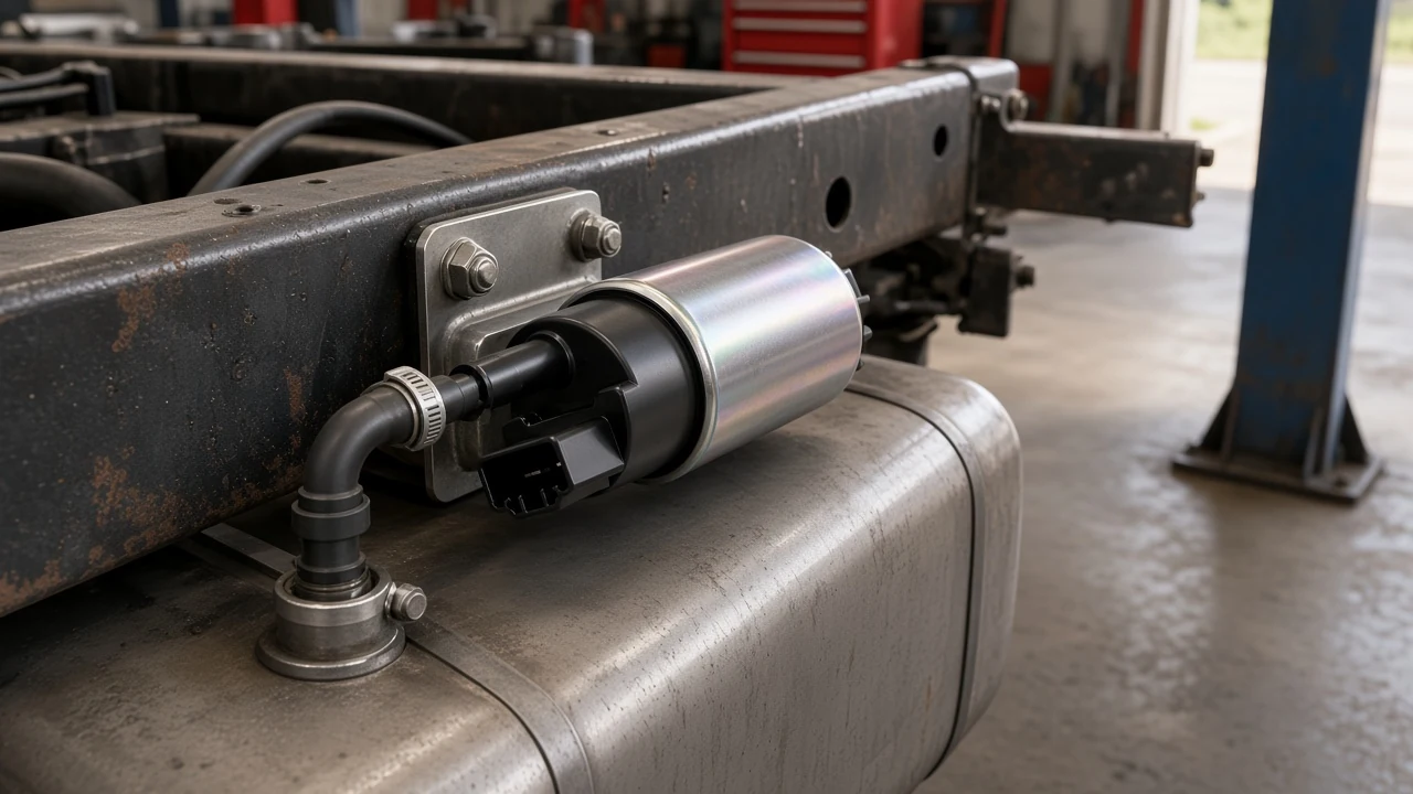 How to Choose an Electric Inline Fuel Pump Electric fuel pump mounted low near a fuel tank outlet on a frame rail