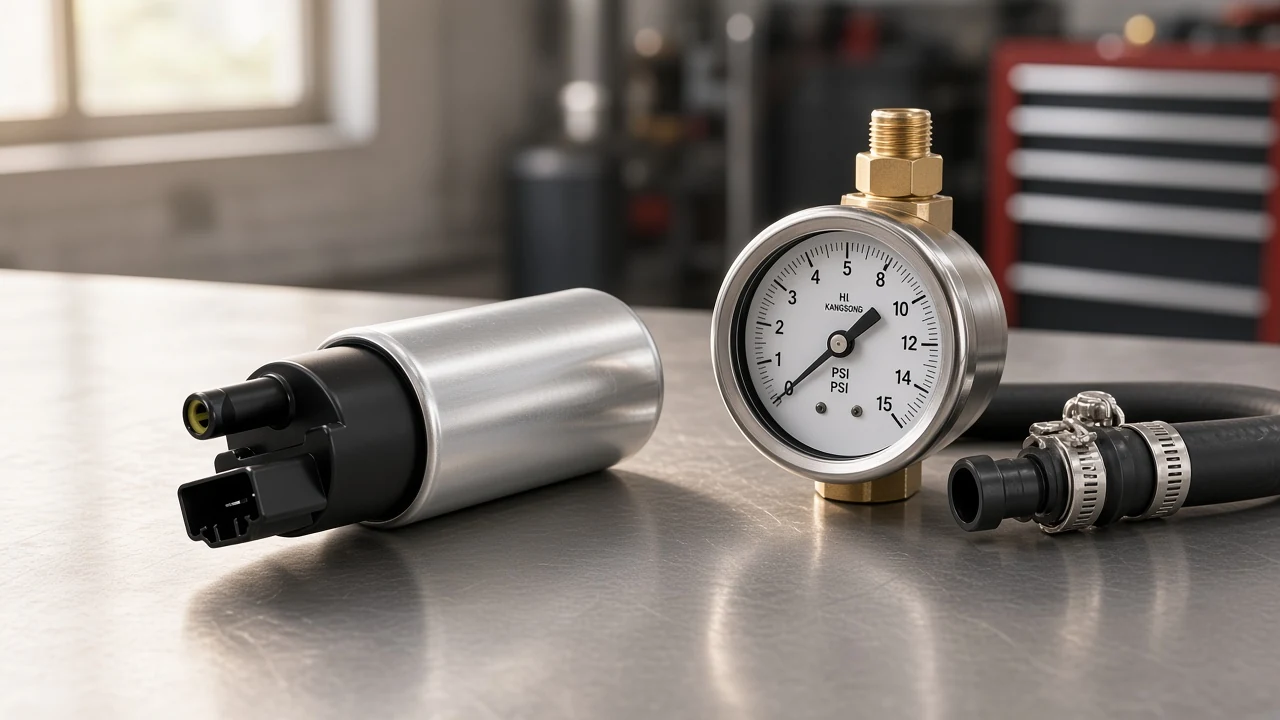 How to Choose an Electric Inline Fuel Pump Fuel pressure gauge beside an electric fuel pump on a workbench