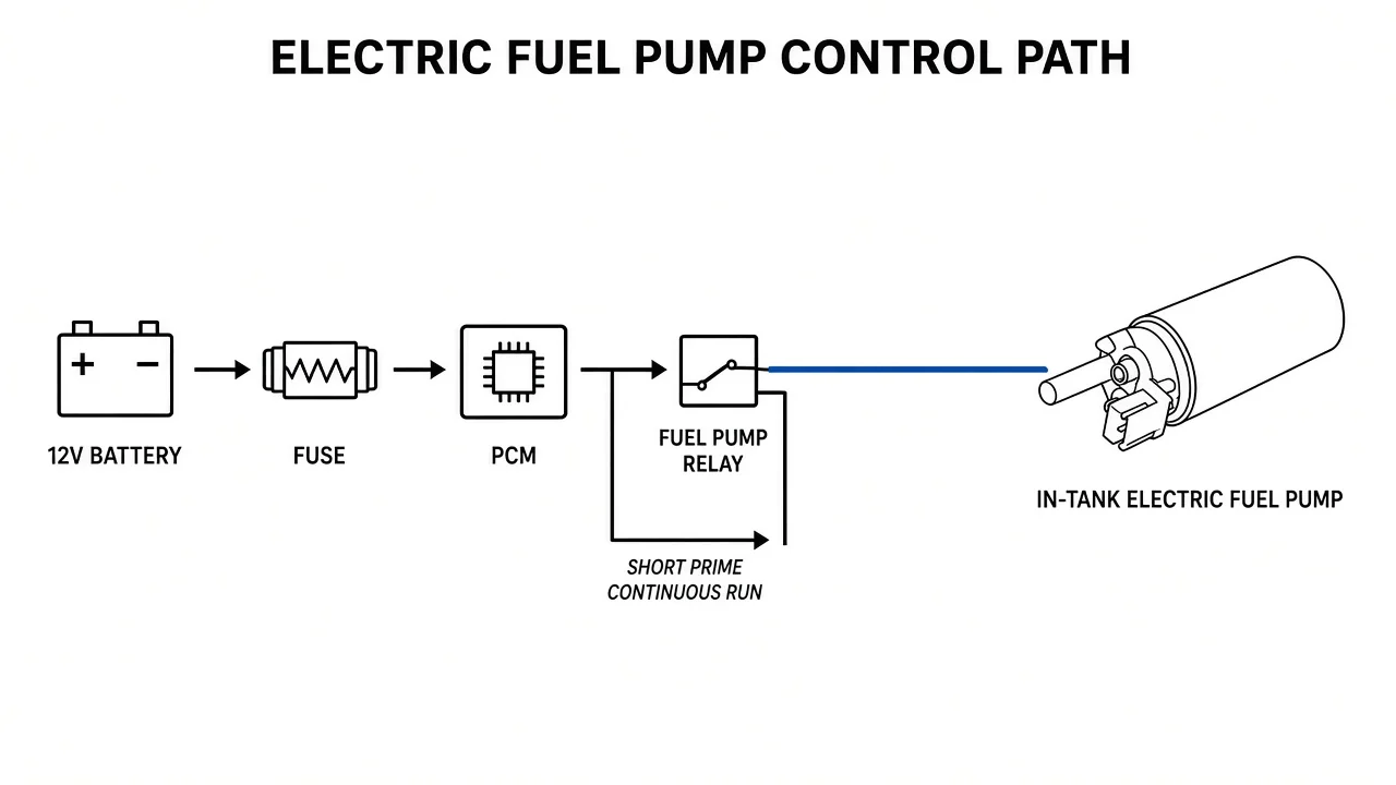 Control sequence schematic from battery and PCM through relay to electric fuel pump