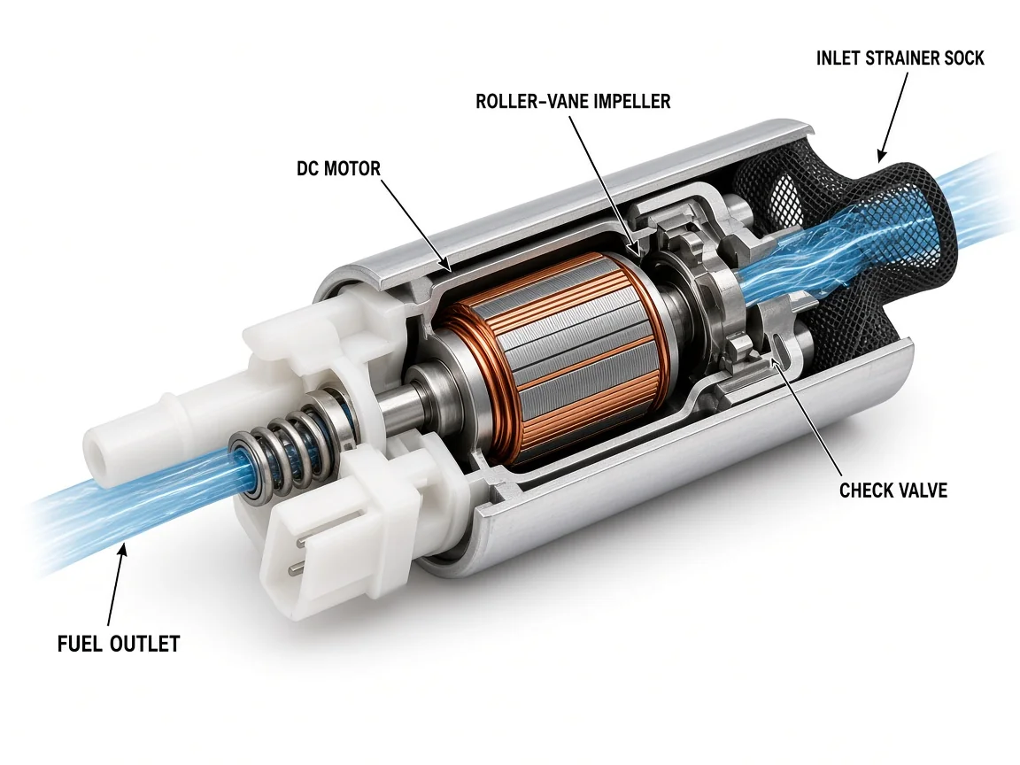 Cutaway of electric fuel pump motor, impeller section, strainer, and outlet check valve