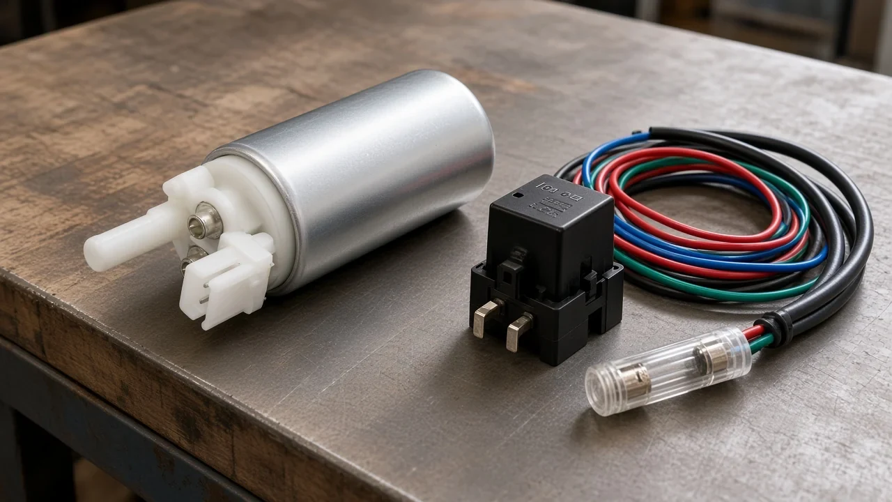 How to Choose an Electric Fuel Pump Relay Illustrative relay kit layout with socket, leads, fuse holder, and electric fuel pump on a bench