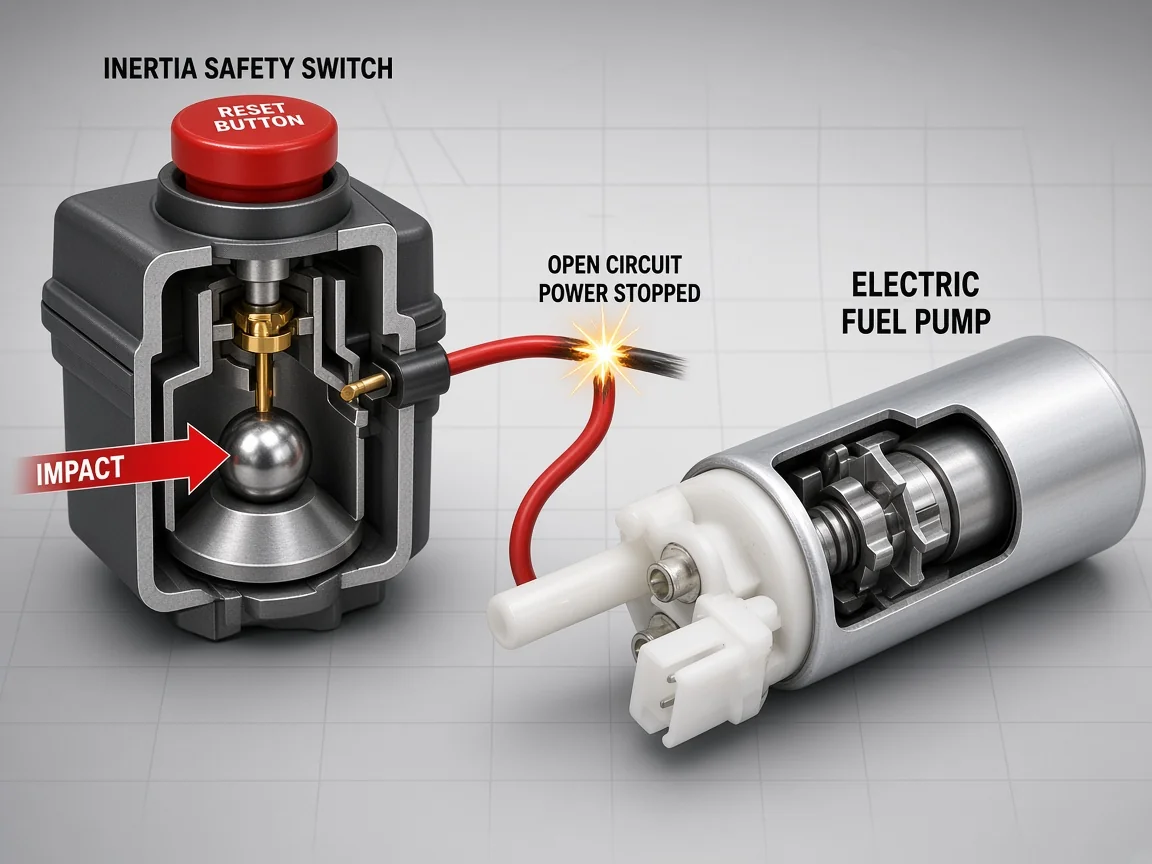 Inertia safety shut-off switch opening the electric fuel pump circuit after impact