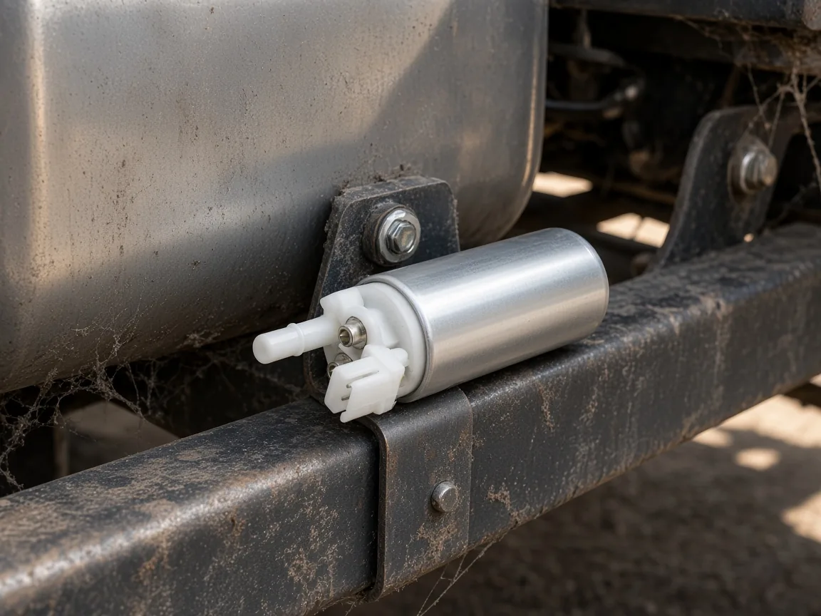Electric fuel pump mounted low beside a fuel tank on a frame rail