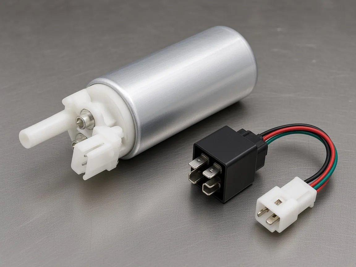 Electric fuel pump beside a relay and wiring pigtail