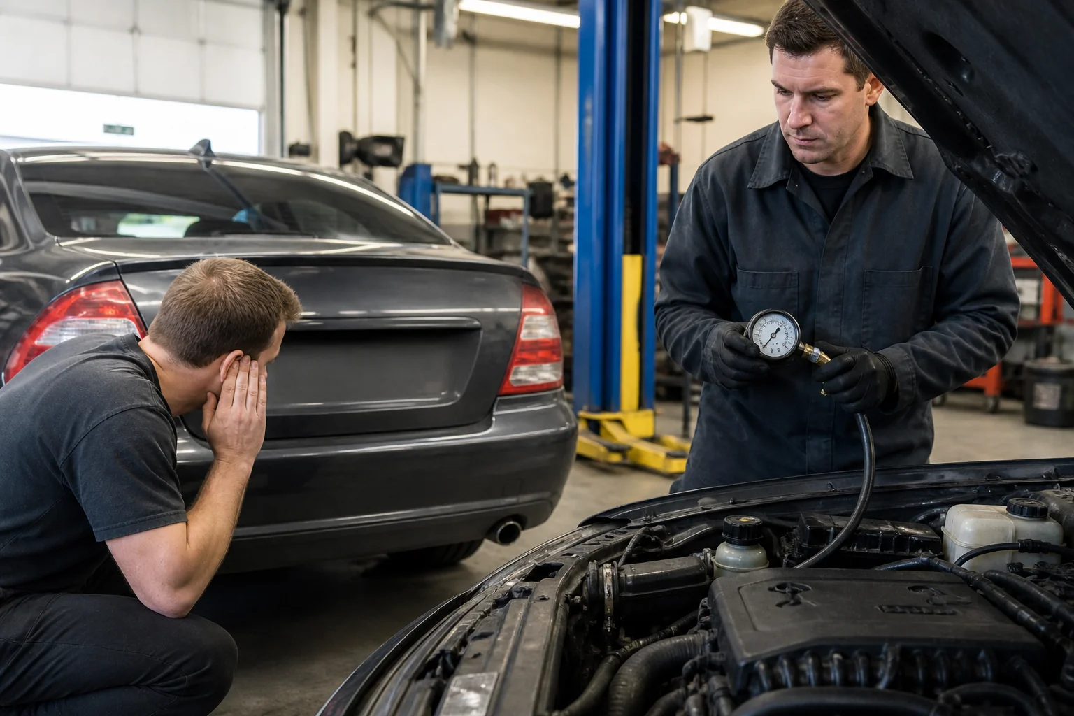 What Is the Most Common Cause of Fuel Pump Failure? Technician listening for faulty fuel pump whine near rear tank