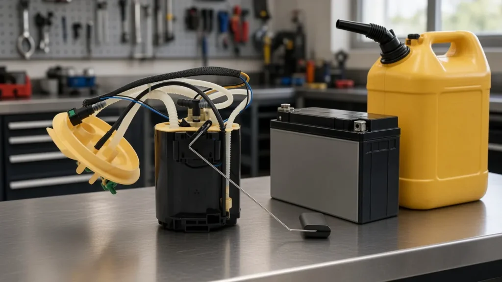 12-volt diesel supply choice on a bench with a fuel pump assembly, battery, and diesel can
