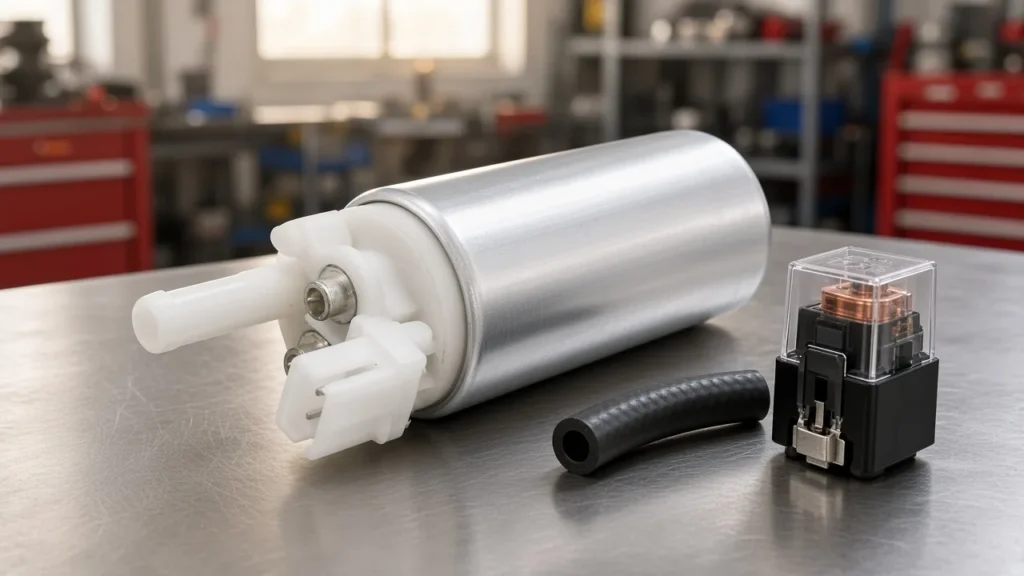 Electric fuel pump on a bench beside a relay and hose