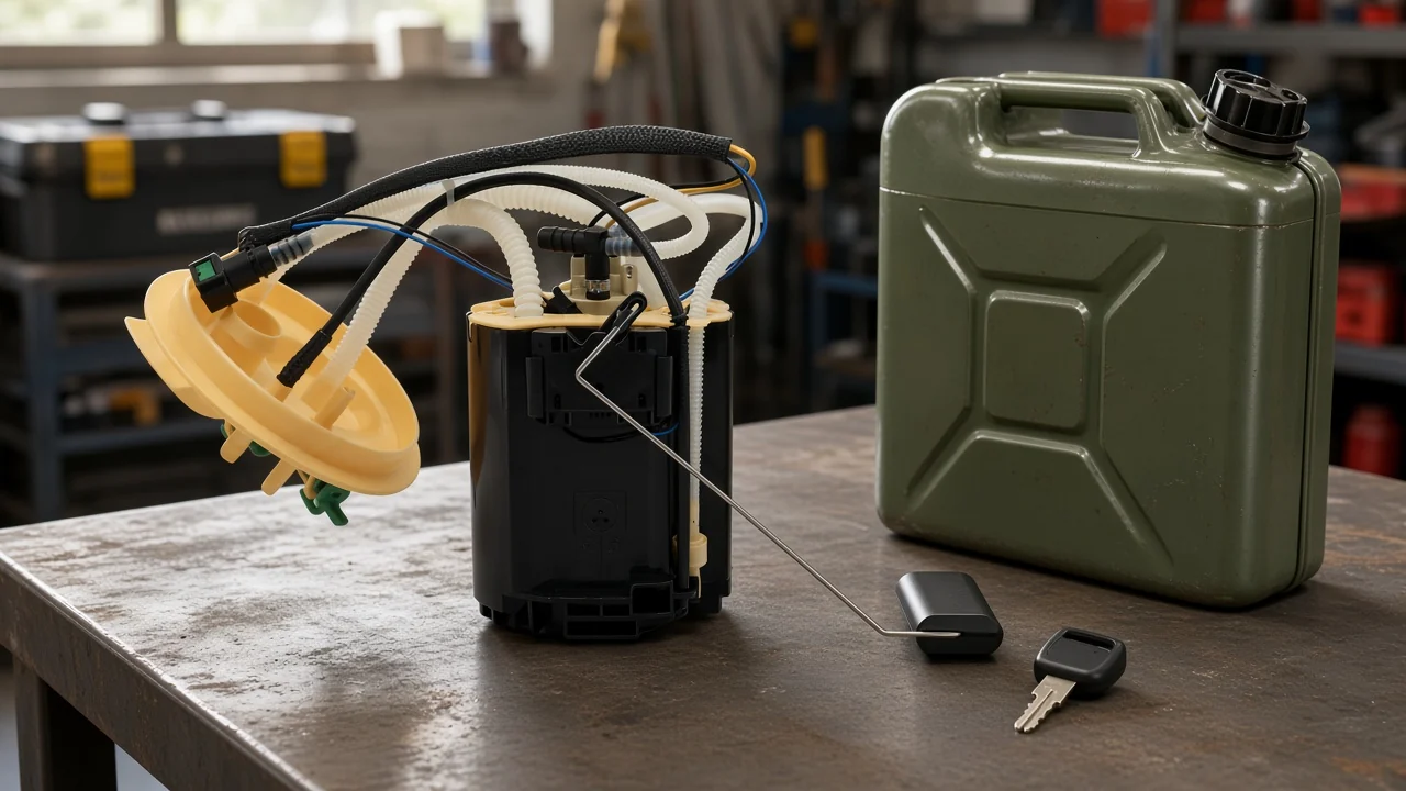 How to Choose a Diesel Car Fuel Pump Without Mixing Supply and Injection Jobs Diesel passenger-car fuel pump assembly on a workshop bench beside a diesel can
