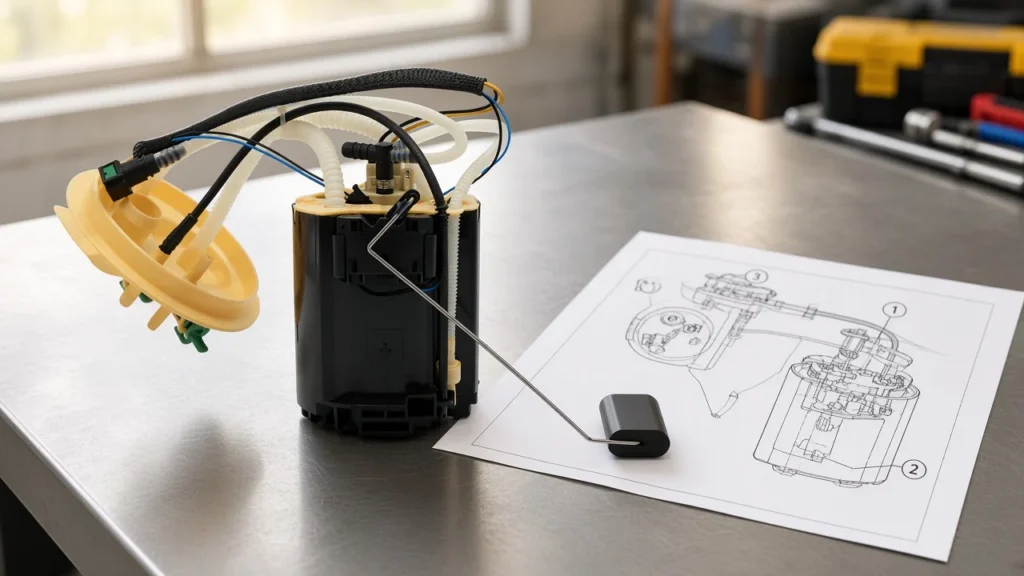 Diesel fuel pump diagram reading on workshop desk