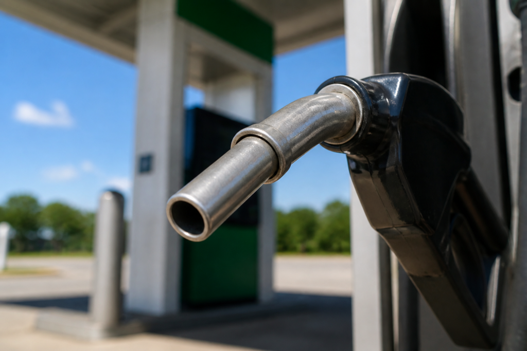 Diesel fuel pump nozzle size selection at a fuel dispenser island with spout tip in focus