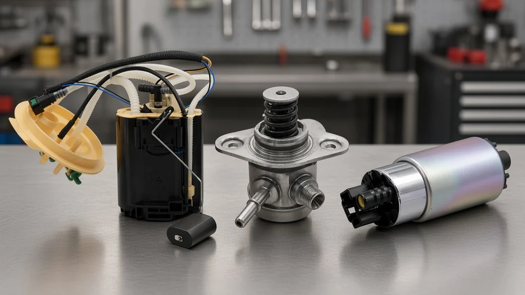Diesel fuel pump types overview on a workshop bench