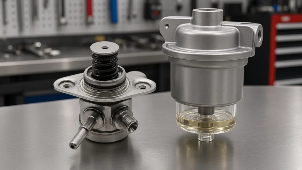 High-pressure diesel fuel pump beside a water-separator bowl on a service bench