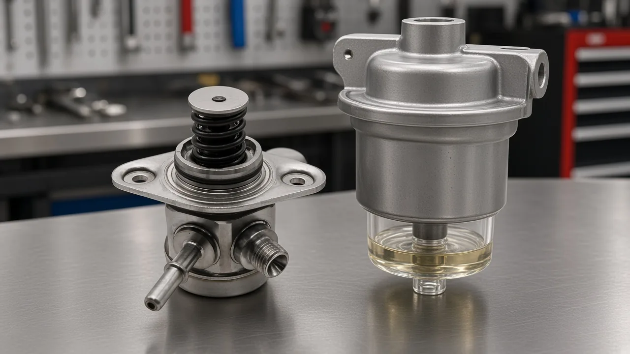 Diesel Fuel Pump Failure Causes on the Supply Side High-pressure diesel fuel pump beside a water-separator bowl on a service bench