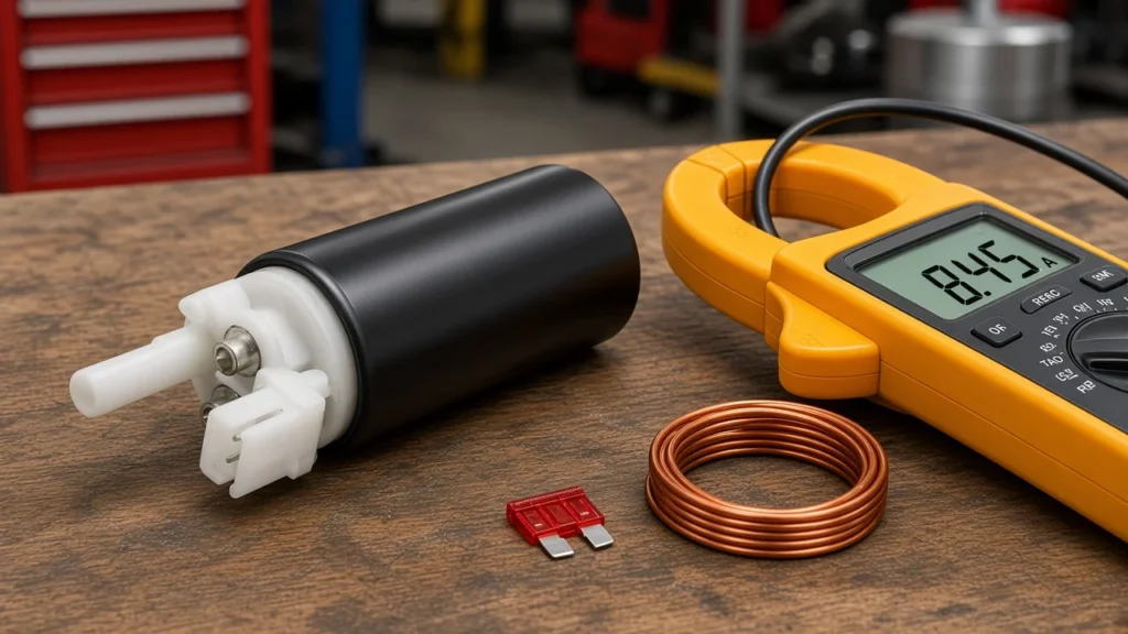 Electric fuel pump beside a clamp meter and blade fuse for amp-draw selection