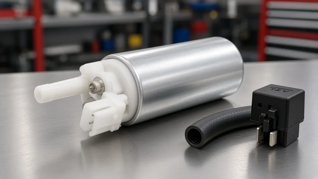 Electric fuel pump on a workshop bench with relay and hose for operation overview