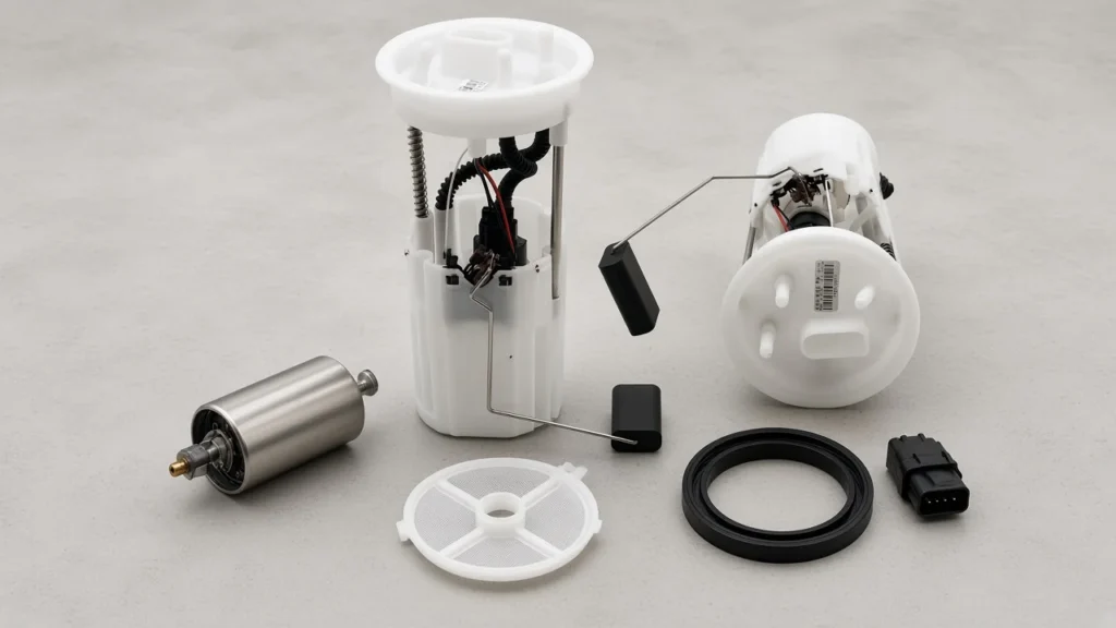 Electric fuel pump module parts laid out on a workshop bench