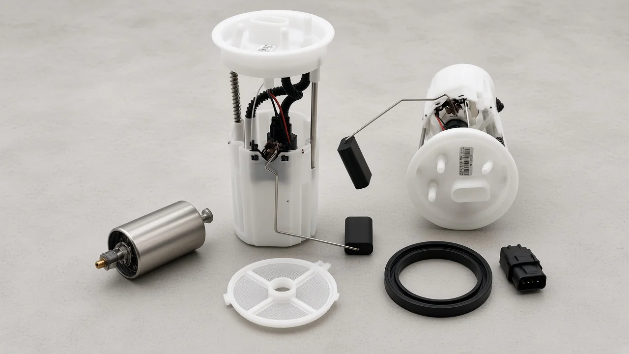Electric Fuel Pump Parts Explained for Module Buyers Electric fuel pump module parts laid out on a workshop bench