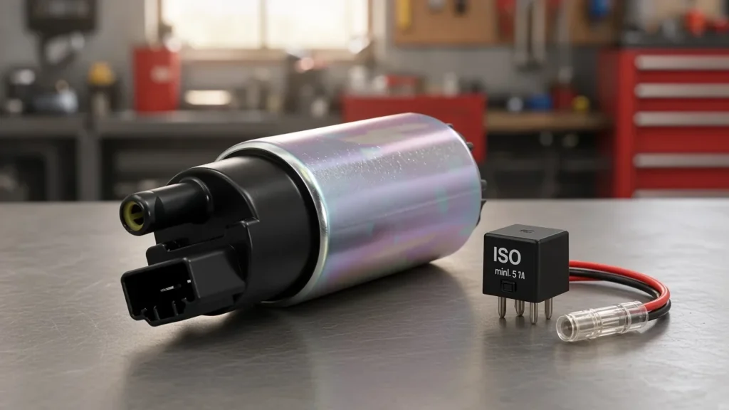 Electric fuel pump with an illustrative ISO mini relay laid out on a workshop bench