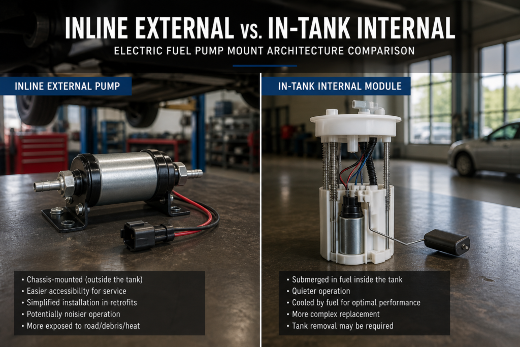 External vs internal electric fuel pump mount comparison cover