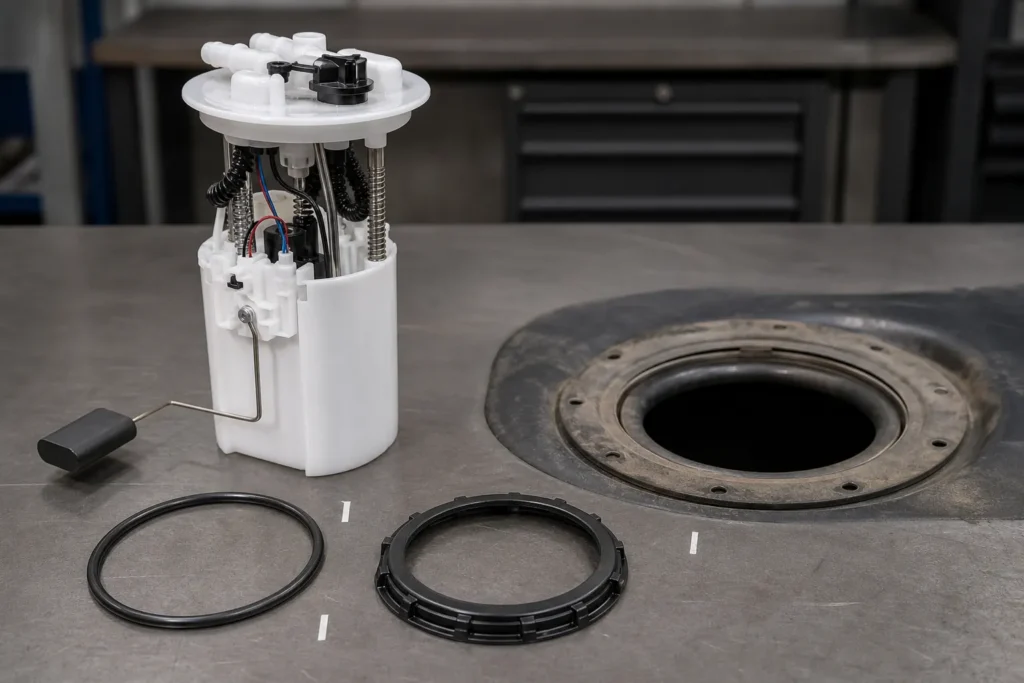 Fuel pump assembly installation pre-check with module, seal, and tank flange