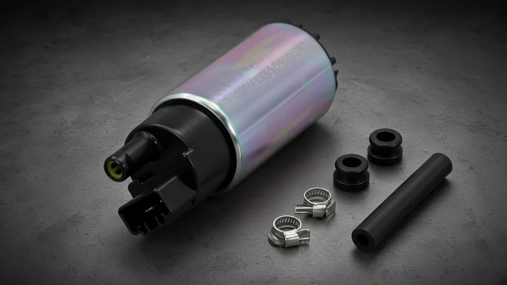 Electric gasoline fuel pump with its fitting kit laid out on a workshop surface