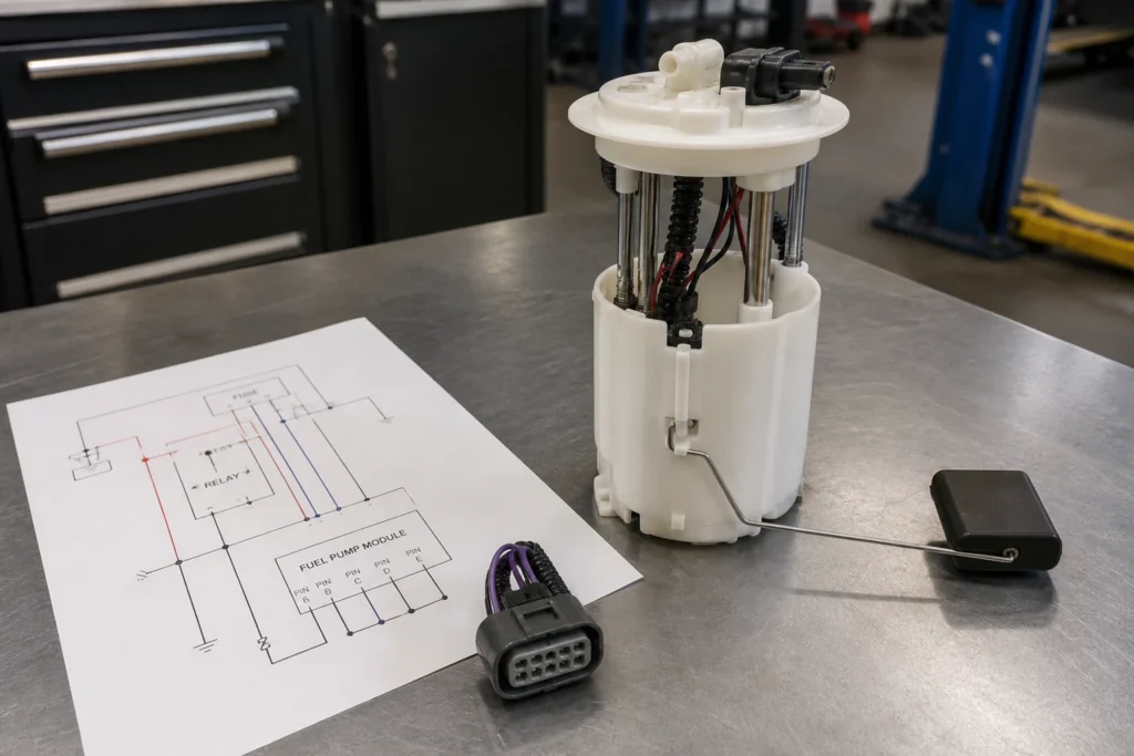 In-tank fuel pump module connector beside a wiring diagram on a shop bench