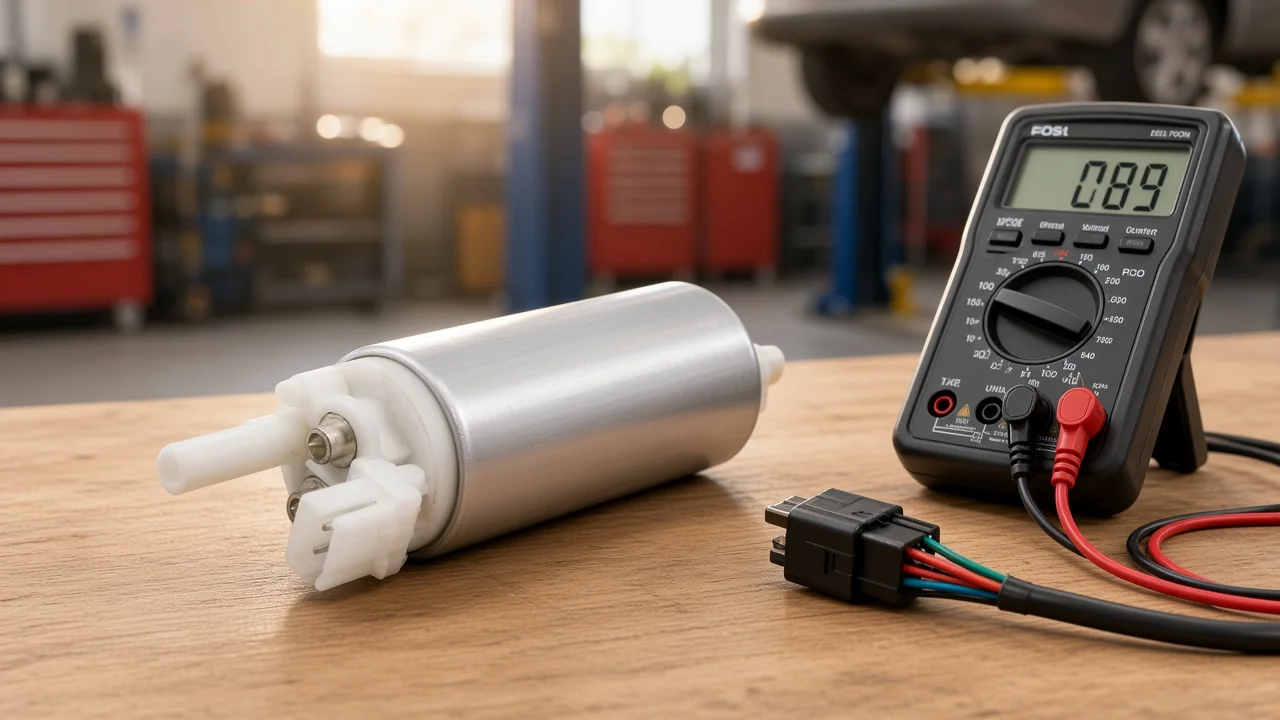 What Causes Low Voltage to a Fuel Pump: Circuit Drop, Ground, and Supply Path Causes Technician checking an electric fuel pump and multimeter on a shop bench for low voltage causes