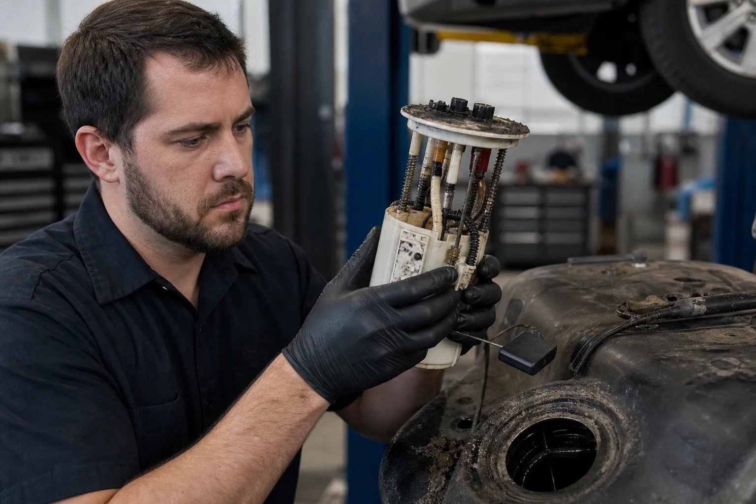 What Is the Most Common Cause of Fuel Pump Failure? Technician inspecting in-tank fuel pump module for common failure causes