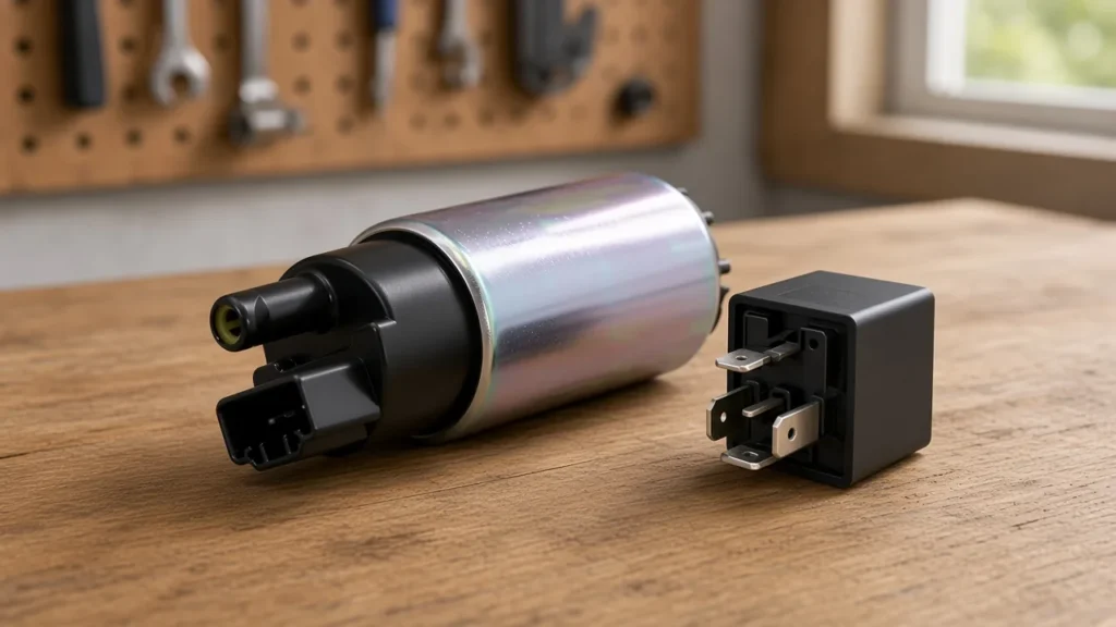Electric fuel pump beside an illustrative ISO mini relay on a workshop bench for twelve-volt relay selection