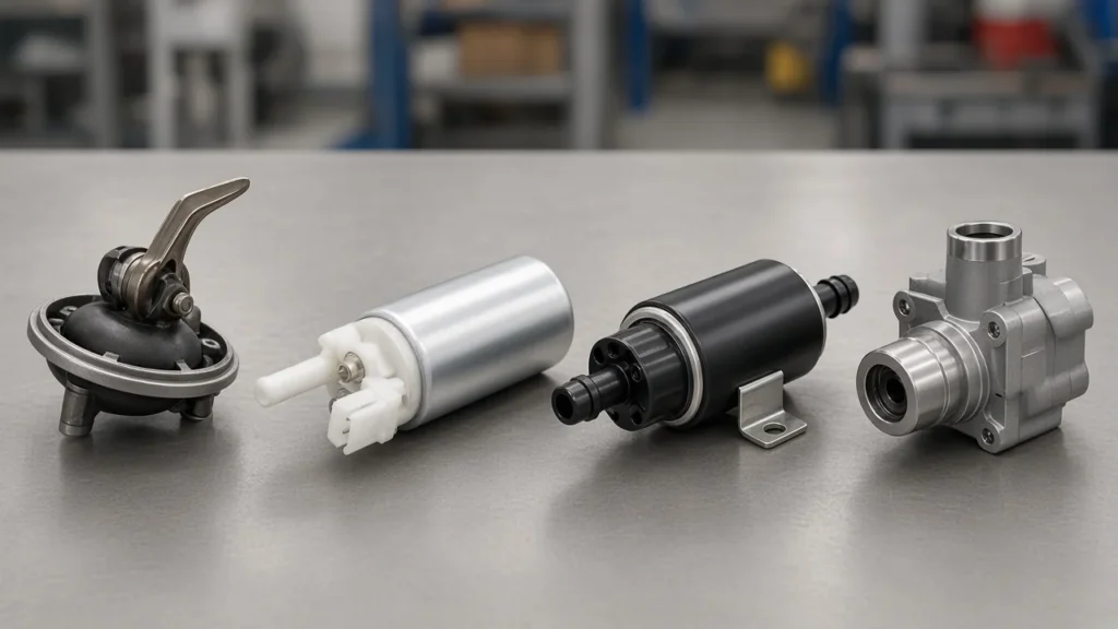 Four petrol engine fuel pump types laid out on a workshop bench