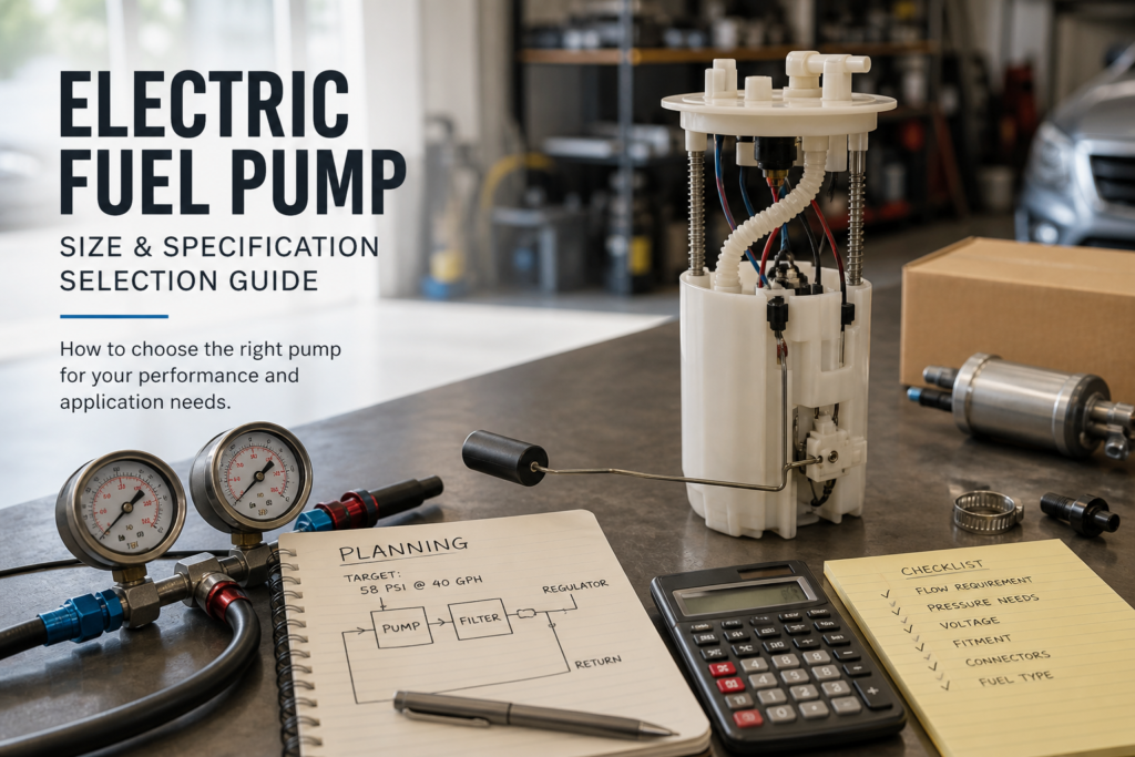 Electric fuel pump size selection cover with flow and pressure planning cues