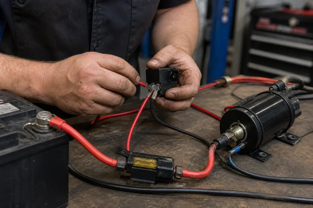 Technician wiring a twelve-volt electric fuel pump with relay and fuse on a shop bench
