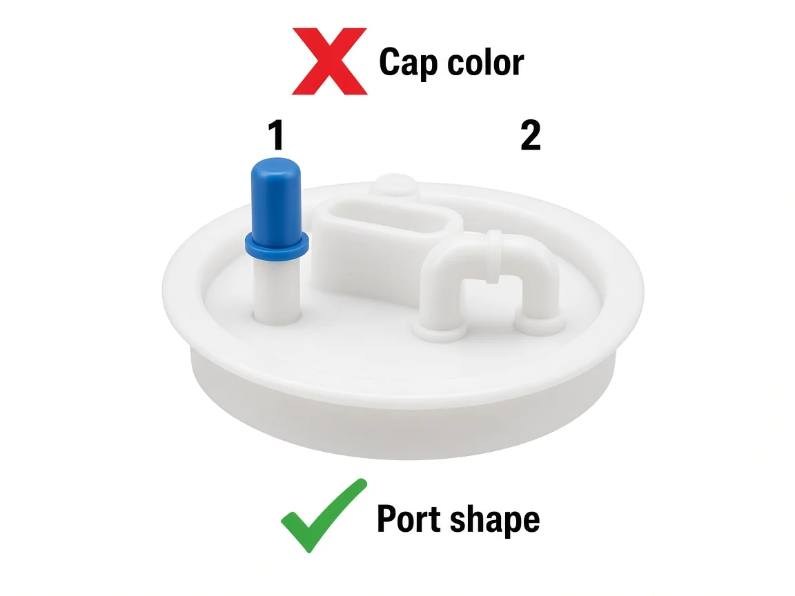 How to Read a Fuel Pump Assembly Diagram Teaching image showing port shape rather than cap color