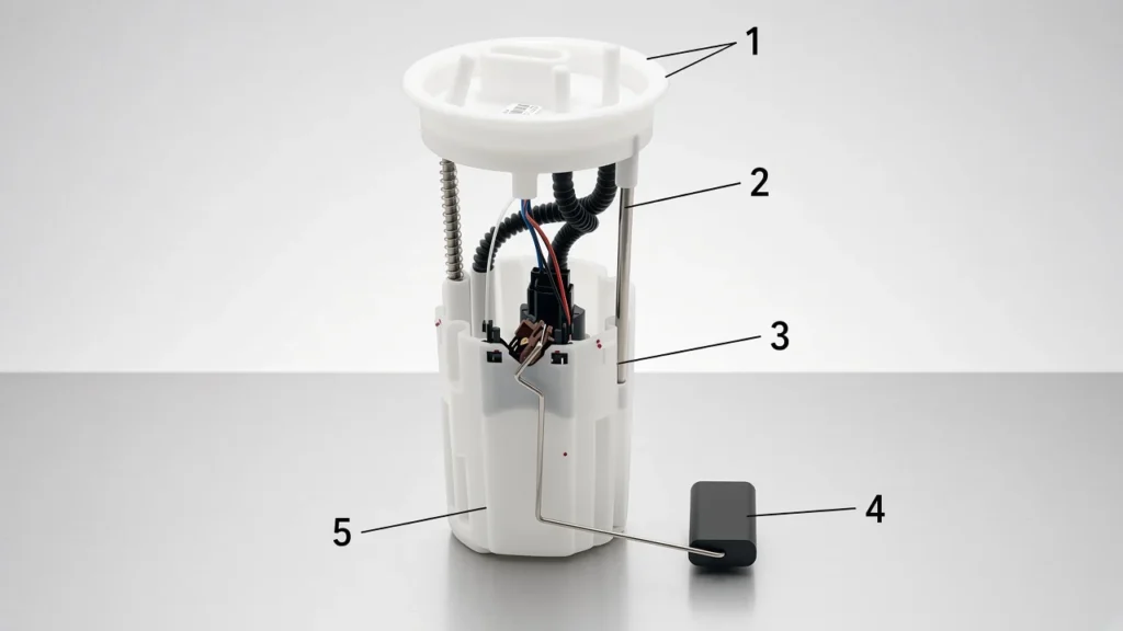 Labeled fuel pump module with callouts on the flange, hoses, reservoir, and float