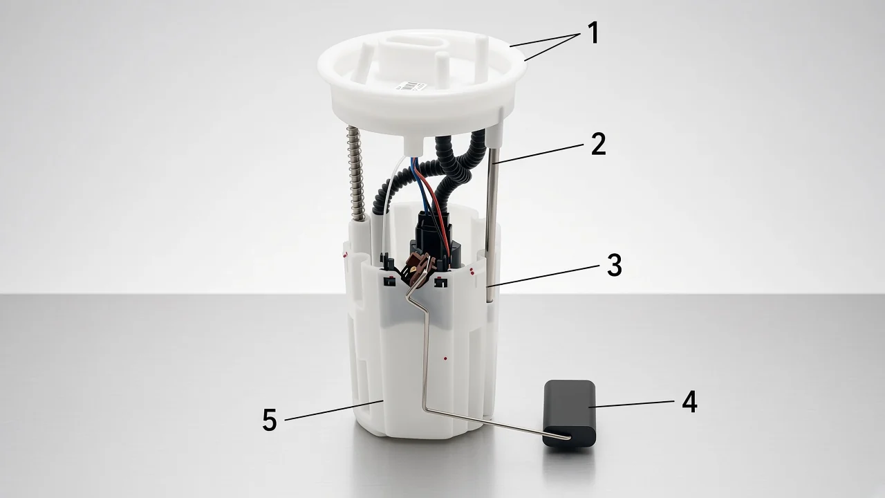 How to Read a Fuel Pump Assembly Diagram Labeled fuel pump module with callouts on the flange, hoses, reservoir, and float
