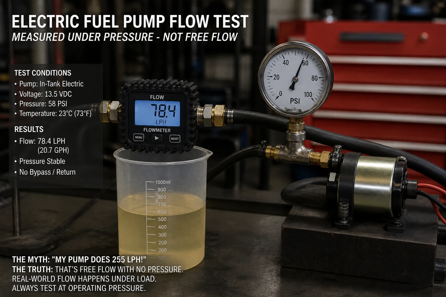 Electric fuel pump free-flow rating contrasted with pressurized delivery under load