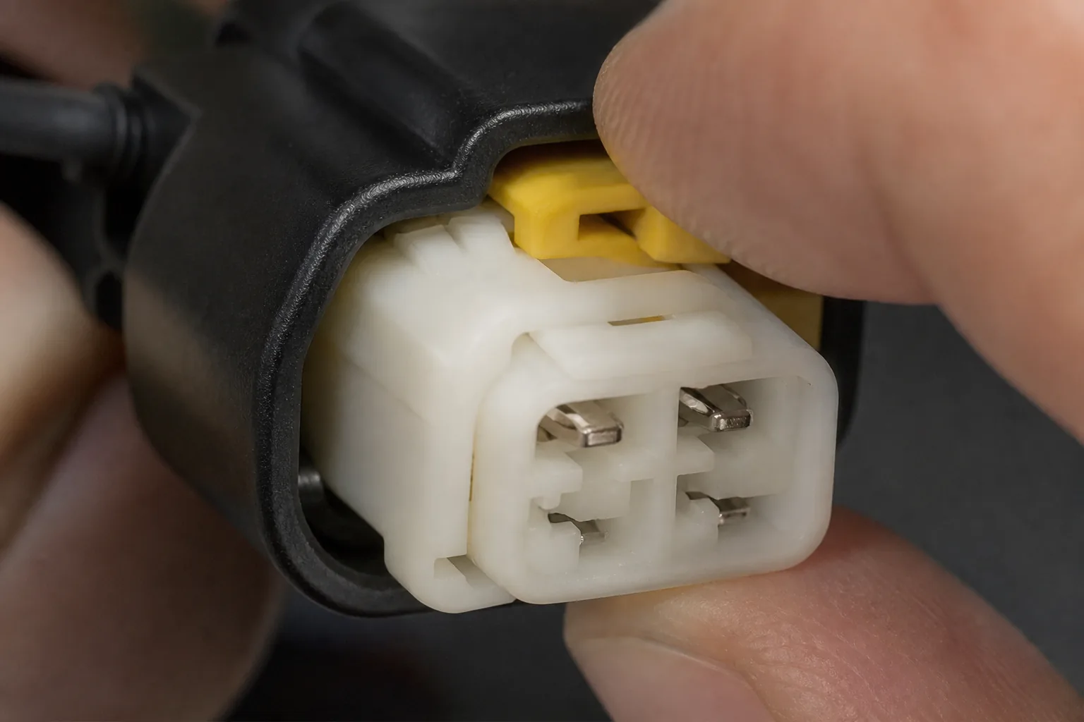 Close-up of a fuel pump electrical connector secondary CPA lock being slid before the primary release tab