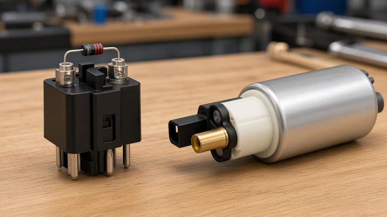 Flyback diode across fuel pump relay coil on service bench