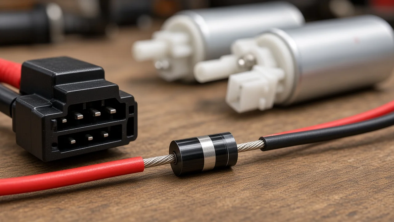 Fuel pump diode polarity placement with cathode band toward positive