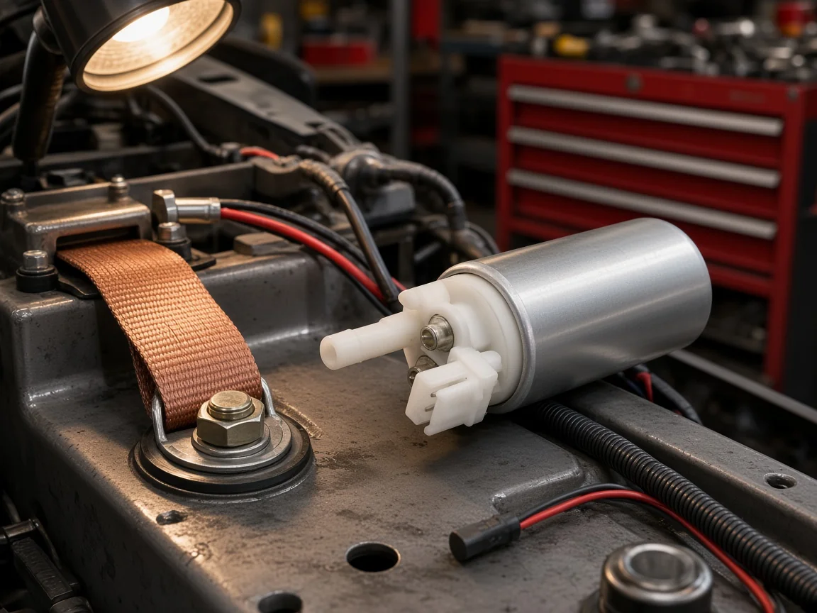 What Causes Low Voltage to a Fuel Pump: Circuit Drop, Ground, and Supply Path Causes Chassis ground stud and ground strap near an electric fuel pump on a shop bench