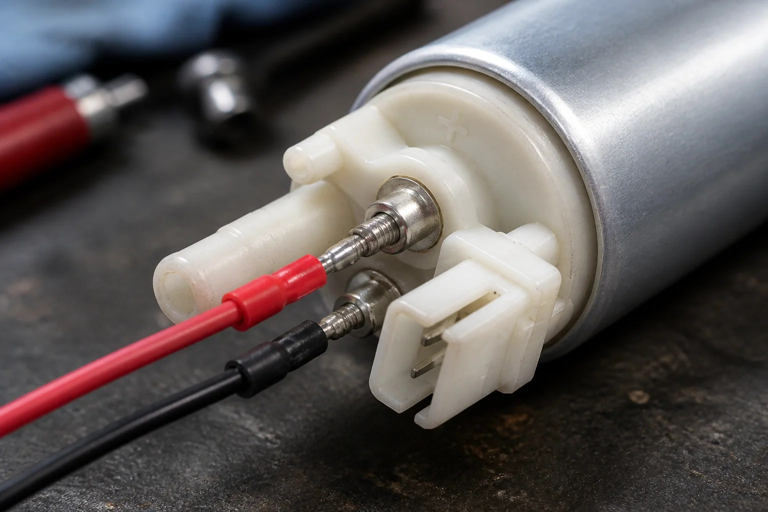 How to Wire a 12 Volt Fuel Pump: Polarity, Relay, Fuse, and Ground Pre-Check Close-up of twelve-volt fuel pump polarity terminals with positive mark and prepared wires