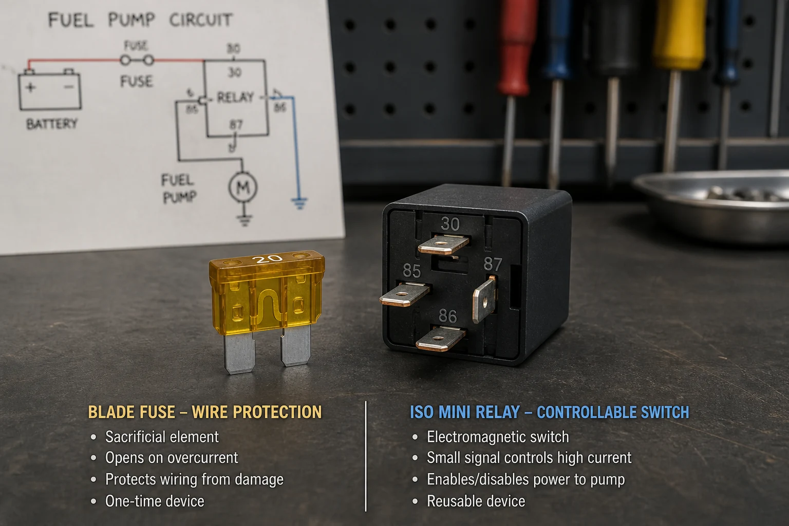 Fuel pump relay amp versus fuse amp role contrast on service bench