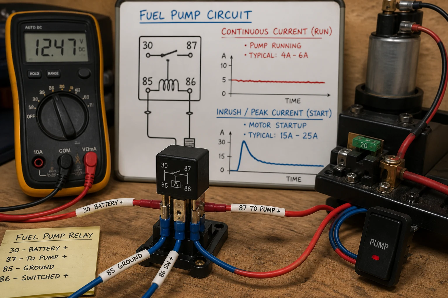 Continuous current versus peak inrush context for fuel pump relay sizing