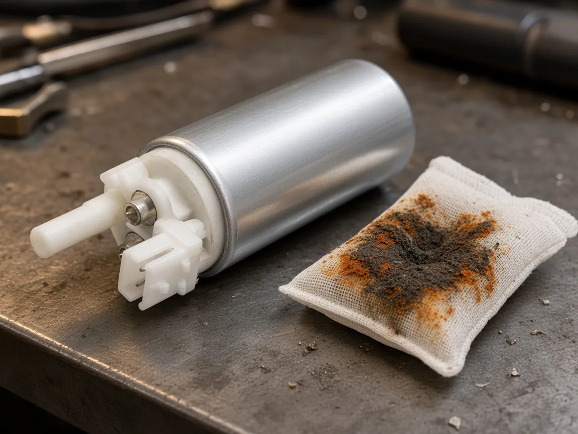 What Causes Car Fuel Pump to Fail? Electric fuel pump beside a strainer coated with rust and sediment