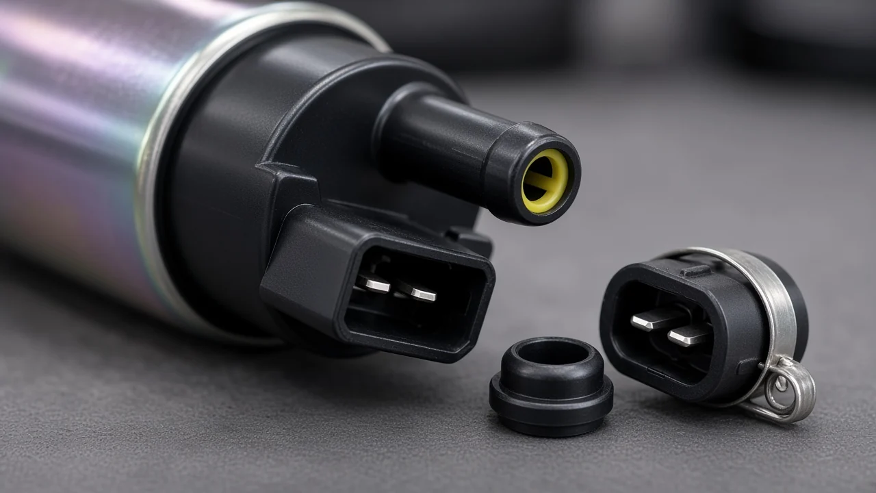 Close-up of a fuel pump two-pin connector socket and outlet nipple