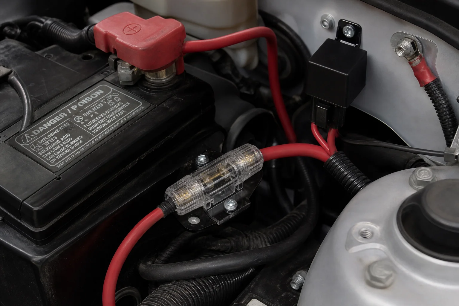 How to Wire a 12 Volt Fuel Pump: Polarity, Relay, Fuse, and Ground Pre-Check Inline fuse holder installed close to a vehicle battery for a fuel pump power feed
