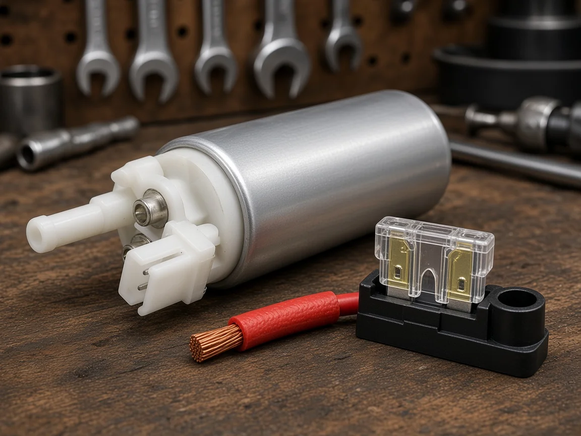 Blade fuse beside electric fuel pump wiring for fuse sizing from amp draw