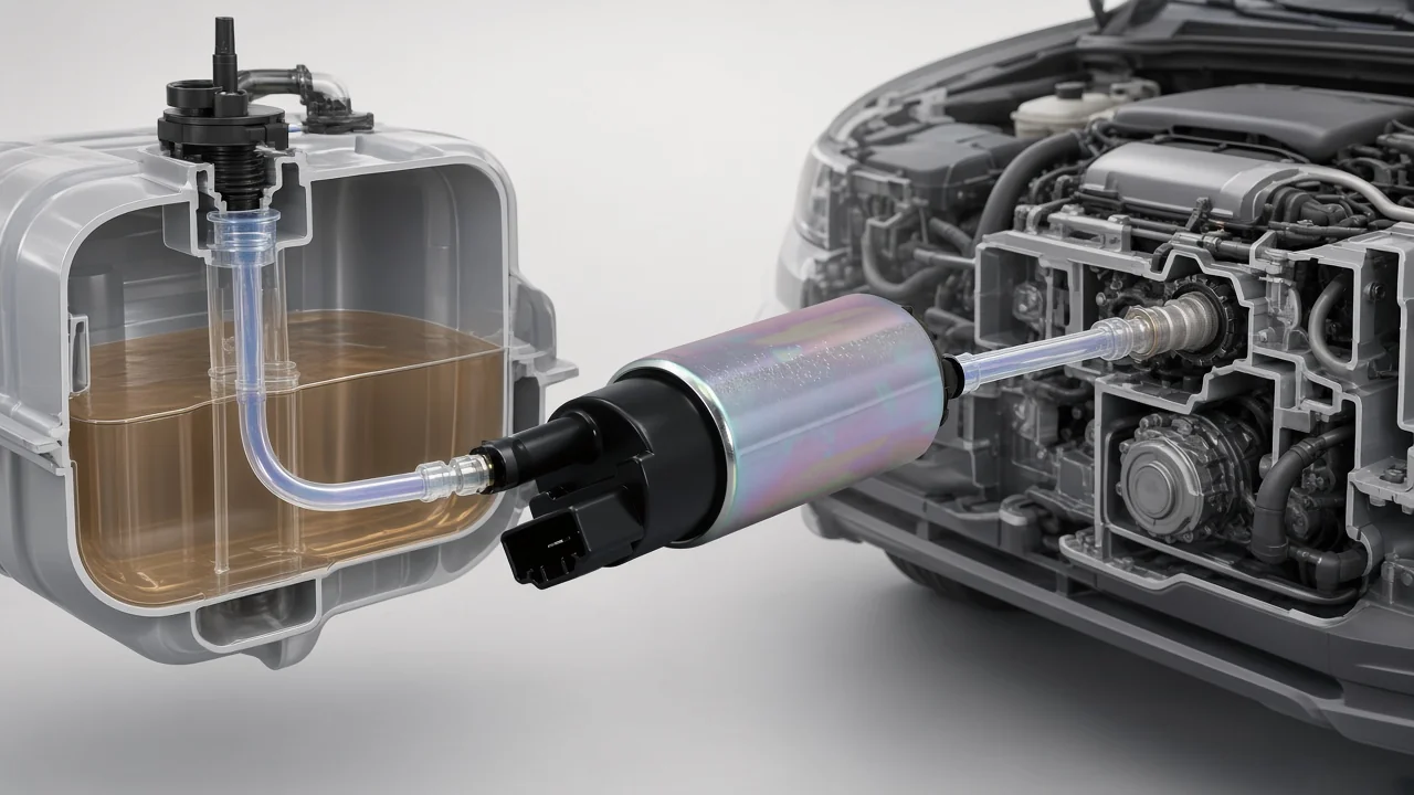 What Is a Fuel Pump Used For? Electric fuel pump beside tank and fuel-line context showing delivery path